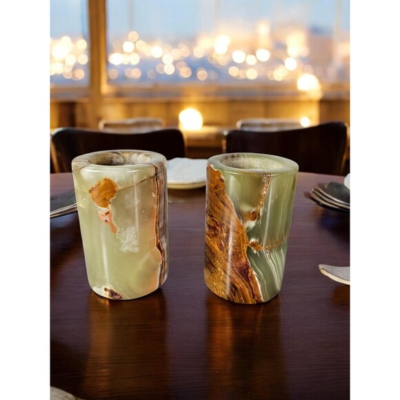 Onyx Green Candle Holder set, Dining table candles, Christmas Mantel Decor New - Picture 3 of 11